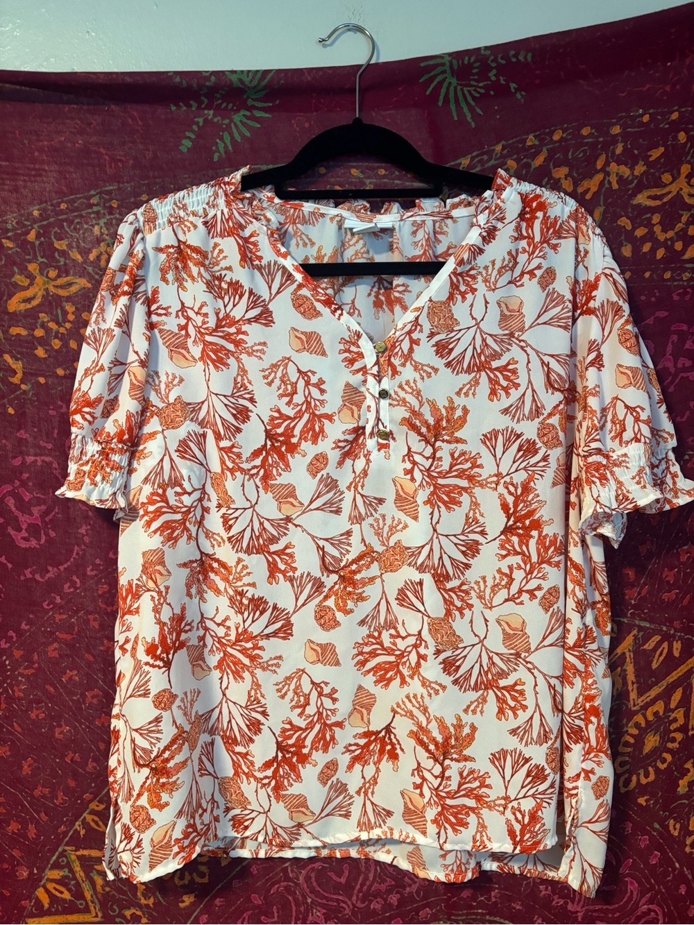 Women’s Coral Print Short Sleeve Blouse